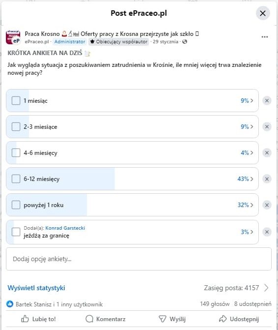 Ankieta z grupy ePraceo.pl dot. czasu szukania pracy w Krośnie.